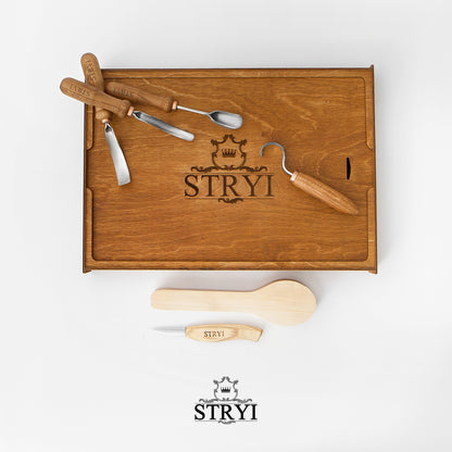 Löffel-Schnitzwerkzeug-Set 5-teilig STRYI Profi in Geschenk-Aufbewahrungsbox aus Holz