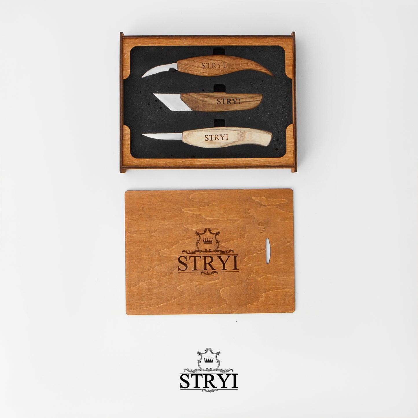 Wood carving knives set of 3pcs STRYI Profi in wooden storage case