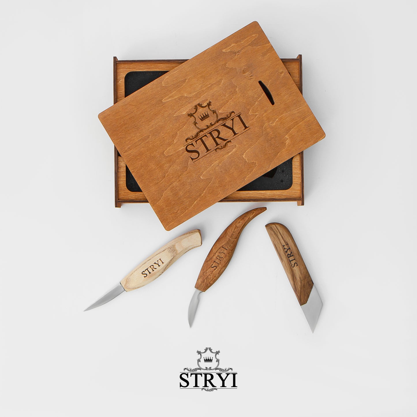 Wood carving knives set of 3pcs STRYI Profi in wooden storage case