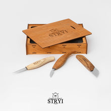 Cargar imagen en el visor de la galería, Juego de cuchillos para tallar madera de 3 piezas en estuche de madera STRYI Profi