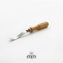 Load image into Gallery viewer, Long bent gouge 5 profile, woodcarving tools STRYI, carving gouge, carving background, hand forged tools