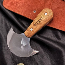 Load image into Gallery viewer, Leather Round Knife STRYI Profi 110mm diameter. Half-moon knife.