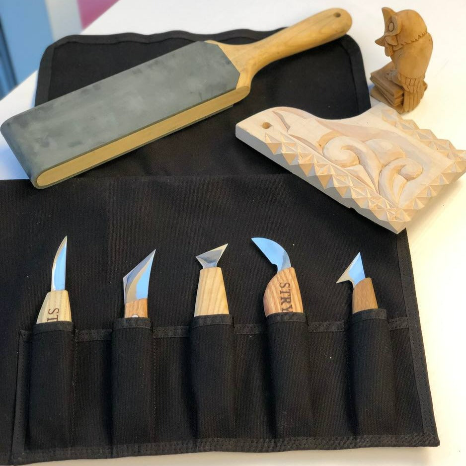 Wood carving knives set 5pcs in tarpaulin case STRYI, Stryi Carving knives